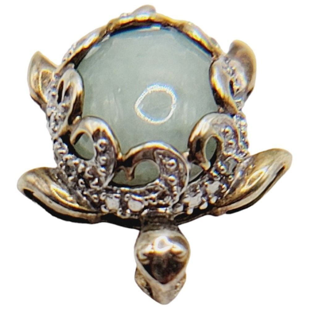 Sterling Silver 925 Vermeil Turtle Necklace Pendant Natural Jadeite and Diamonds - Picture 7 of 13